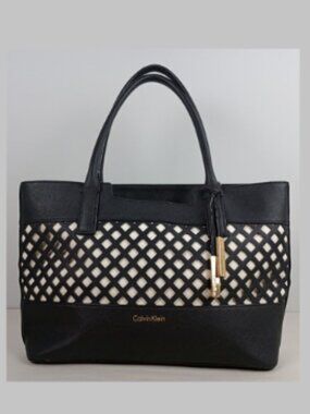 Calvin Klein Black White Gold Hardware Lattice Cutout Zipper Leather Handbag